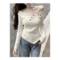 ÁO LEN TĂM DÁNG ÔM BODY , LEN TRỄ VAI XẺ 2 TÀ HỌA TIẾT KHUY VẠT LỆCH