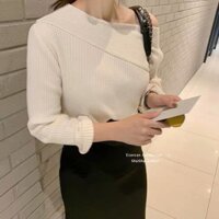 Áo len tăm phối cổ vạt lệch xẻ tà