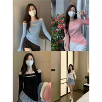 Áo len tăn trễ vai tay dài ôm body vạt chéo hàng quảng châu A256