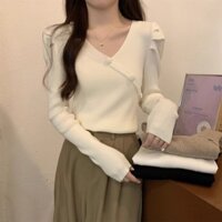 Áo len tay bong bóng cho nữ áo kiểu Hàn Quốc dài tay cổ chữ V ôm sát thon gọn thanh lịch