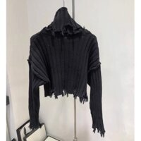 Áo len tay cánh dơi cổ cao màu đen mẫu mới thu đông Jiashucheng Hàn Quốc Áo dệt kim rách lỗ viền lông