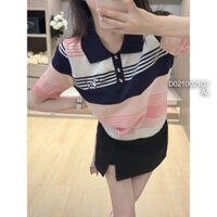 Áo len tay con kẻ sọc phối màu ngực thêu hình chó cổ bẻ hàng QC TOMBI SHOP