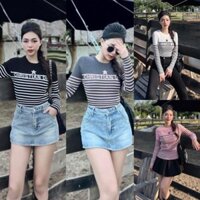 Áo len tay dài cổ tròn ôm body len dệt kim kẻ sọc ngang đì o áo croptop kiểu Bigsize Kim Ngân Freesize từ 50kg đến 100kg