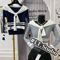 Áo len thu đông dài tay hoạ tiết hình sao cổ buộc nơ thuỷ thủ siêu điệu, len dày dặn 662