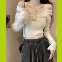 Áo len thun dài tay hở vai thiết kế nơ ôm ngực sang chảnh, Áo khoét vai tay dài croptop thời trang gen Z