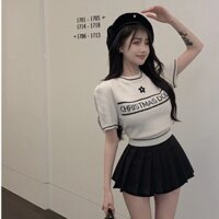 Áo len thun nữ Montoghi dệt kim Quảng Châu THÊU HOA in chữ cổ tròn dáng vừa xinh xắn - CT31