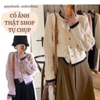Áo len thừng, áo khoác cardigan hồng, trắng dáng ngắn cổ tròn viền đen cúc hoa [Hàng Order]