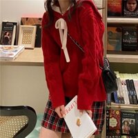 Áo len thủy thủ tay dài đỏ giáng sinh tết cổ thắt dây nơ ulzzang xuân đâu năm mới