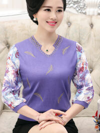 Áo len tím tay phối voan họa tiết lông chim lạ mắt TA496