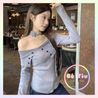 Áo Len Trễ Vai 2 Tà Vạt Lệch Phối Sóng Dáng Ôm BodyTiểu Thư, Áo Len Tăm (Kèm Charm Hoa) Tay Dài | Bé Tiu Clothing
