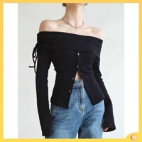 áo len trễ vai áo len kiểu Áo dệt kim hở vai xương quai xanh gợi cảm áo len xẻ eo trễ vai kiểu Pháp phối bên trong cao cấp mùa xuân thu cho nữ