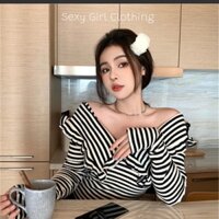 Áo len trễ vai cổ bèo, áo bệt vai tay dài kẻ ngang sang chảnh, tiểu thư cho nàng.