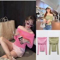 Áo len trễ vai dài tay xanh rêu, hồng Zara xuất A318