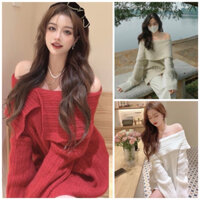 Áo Len Trễ Vai Dáng Dài Vạt Lệch Form Rộng Freesize