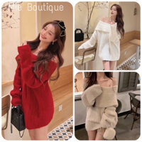 Áo Len Trễ Vai Dáng Rộng Tay Dài Vạt Xẻ Tà Bánh Bèo Hàng QC