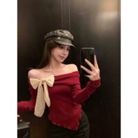 Áo Len Trễ Vai Gắn Nơ Vạt Gấu Nhọn Dài Tay Thời Trang Nữ Dưới 55kg Shop An89