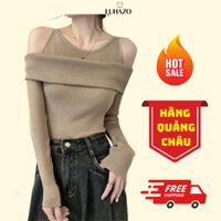 Áo len trễ vai LUHAZO cổ thuyền len tăm bẹt vai sexy tôn dáng che khuyết điểm cho nữ dài tay hở vai M457 E-14