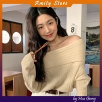Áo len trễ vai nữ cổ đổ, áo vai ngang hàng quảng châu