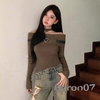 Áo len trễ vai nữ dài tay Slim Fit Thắt lưng Áo len mùa thu có gân