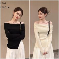 Áo len trễ vai tay dài nữ kiểu xẻ tà dáng ôm body hở vai quyến rũ hàng dệt kim đẹp Quảng Châu cao cấp