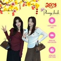 Áo Len Trễ Vai Xẻ Hai Mảnh Đính Khuy Chất Mềm Mịn Áo Dài Tay Vạt Chéo Phong Cách Hàn Quốc