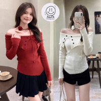 Áo len Trễ Vai Xẻ Tà Họa Tiết Khuy Vạt Lệch Viền Sóng, Áo Len Tăm Dáng Ôm Body ( Kem Hoa) Len Qccc | Smide Clothing