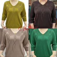 Áo len trung niên nữ A25 mongtoghi cổ V mỏng nhẹ dệt kim cho mẹ, bà mặc thu đông U50 U60 U70 giá rẻ