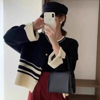 Áo len tương phản màu Hàn Quốc, áo len dệt kim mùa thu, áo len một bên ngực rộng rãi và mỏng, áo len cardigan, Áo khoác ngắn giản dị, tôi rất vui, tôi Lưu ý LF6T