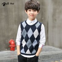 ﹉Áo len vest bé trai mùa xuân và thu 2023 cotton mới chui đầu cổ chữ V trẻ em kẻ sọc vừa lớn