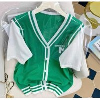 Áo len xanh lá viền trắng (chất mát mặc riêng hay phối sơ mi đều xinh)