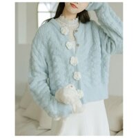 Áo len xanh ngọc cúc hoa trắng dày dặn