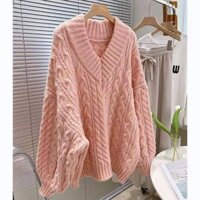Áo len xoắn dày cổ chữ V dành cho nữ Thu Đông dáng rộng Áo dệt kim ấm áp hàng đầu