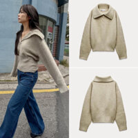 Áo len ZRA áo len dệt kim xanh rêu cổ bẻ (kèm ảnh thật)