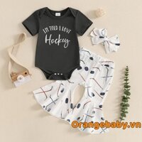 Áo liền quần cổ tròn in chữ cho bé gái + Quần loe in hình khúc côn cầu trên băng + Băng đô