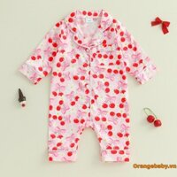 Áo liền quần dài tay có cổ áo nơ in hình anh đào cho bé gái
