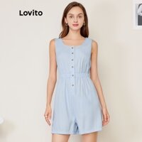 Áo liền quần denim Lovito thắt lưng co giãn mùa tron phong cách ngày thường L27AD168 (màu xanh dương)