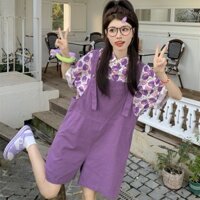 Áo liền quần màu tím dopamine mặc áo sơ mi ngắn tay kiểu mới quần yếm nữ quần short Bộ đồ hai mảnh nữ