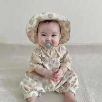 Áo liền quần ngắn tay kẻ sọc cho trẻ mới biết đi có mũ Bộ ba mảnh nam nữ chấm bi Bộ áo liền quần-0328