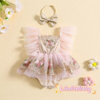 Áo liền quần tay thêu hoa bay cho bé gái có dây buộc tóc nơ