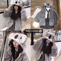 Áo lông cừu mũ thêu hình mặt gấu xám trẻ trung cute phong cách hàn quốc