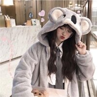 Áo lông nữ thêu mặt gấu xám dáng rộng ulzzang hàn quốc, áo khoác lông mùa đông 2 mặt giữ nhiệt mềm mịn