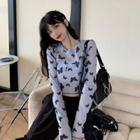 Áo lót lụa chống nắng nữ in hình con bướm, áo thun dài tay kiểu ngắn hở rốn, áo lưới