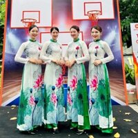 Áo lụa hoa sen phối cổ xanh duyên dáng, Áo dài đồng phục, Áo dài hội nhóm, Áo dài múa biểu diễn