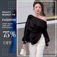 Áo lụa lệch vai nhún hoa phối vạt chéo xinh sang kèm ảnh thật TH45