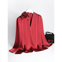 Áo lụa tay dài cài hoa sang trọng - Ai35-0924