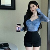 Áo lưới buộc dây phong cách mới mùa hè dành cho nữ, áo cổ chữ V mỏng thuần khiết dáng ôm