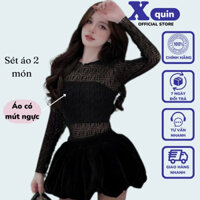 Áo lưới nữ tay dài kèm áo ống có mút ngực dáng dài ôm body Xquin, Áo kiểu nữ tay dài chất lưới họa tiết thổ cẩm