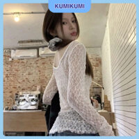 Áo lưới xuyên thấu KumiKumi dài tay, Áo ôm body móc ren retro gợi cảm