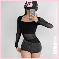 Áo lưới xuyên thấu nữ tay dài vạt chéo MINCHOU áo kiểu nữ cổ vuông xinh sang ôm body tôn dáng TD05MC