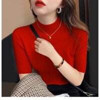 Áo mặc trong cho nữ áo len cổ lửng phối bên trong thu đông áo màu xanh lá cây cho nữ áo dệt kim tay năm phân kiểu Tây mẫu mới Áo nhung phối cho em TA3P